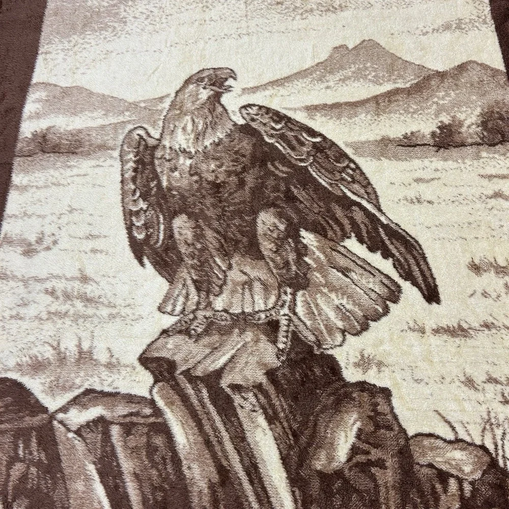 Vintage San Marcos Blanket Bald Eagle Perched Reversible Brown W:71 L:91